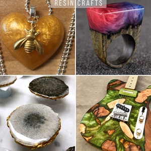 May include: A collection of resin crafts featuring a gold heart pendant with a bee charm, a colorful ring with a wooden band, coasters with gold leaf accents, and a guitar with a green and brown resin body.  RESIN CRAFTS is written in white text on a black background.