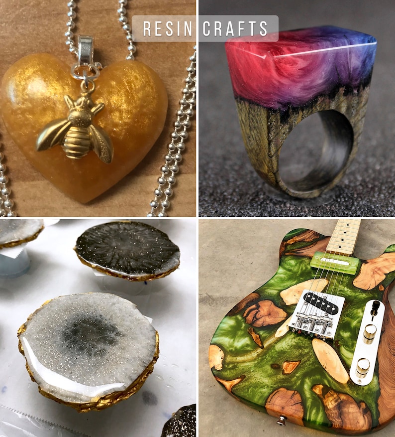 May include: A collection of resin crafts featuring a gold heart pendant with a bee charm, a colorful ring with a wooden band, coasters with gold leaf accents, and a guitar with a green and brown resin body.  RESIN CRAFTS is written in white text on a black background.