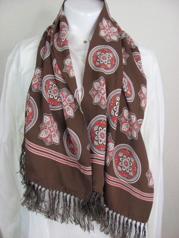 1940s Mens Opera Scarf, Brown Rayon, Silky Fringe… - image 3