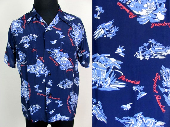 1940s Rayon Novelty Print Hawaiian Shirt Excellent