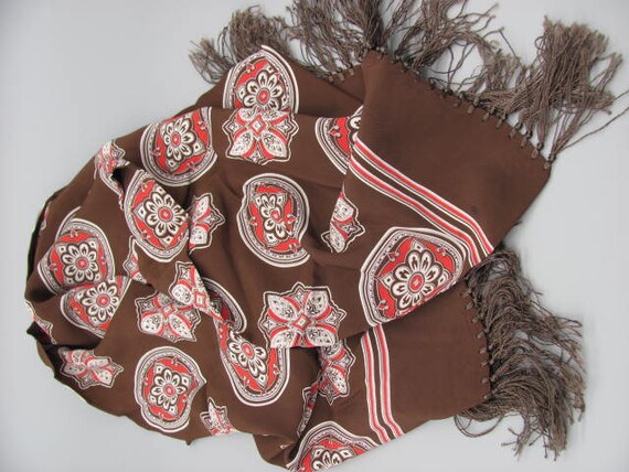 1940s Mens Opera Scarf, Brown Rayon, Silky Fringe… - image 7