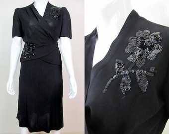 1940s Black Crepe Sequined Suit Excellent Condition