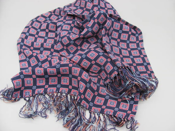 1940s Mens Opera Scarf, Navy Blue Rayon, Silky Fr… - image 1