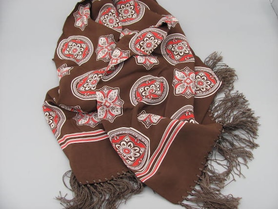 1940s Mens Opera Scarf, Brown Rayon, Silky Fringe… - image 1