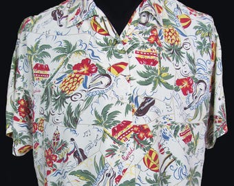 Vintage 1980's McGregor Hawaiian Novelty Print Cotton Loop Collar Short Sleeve Shirt, Vintage Hawaiian Shirt, Tiki, Rockabilly