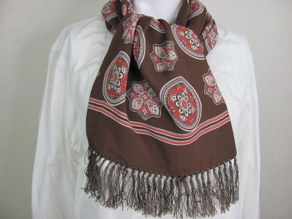 1940s Mens Opera Scarf, Brown Rayon, Silky Fringe… - image 2