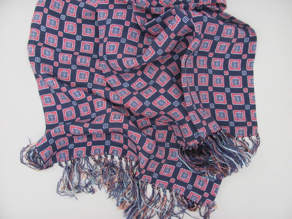 1940s Mens Opera Scarf, Navy Blue Rayon, Silky Fr… - image 9