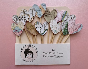 Adornos para cupcakes con forma de corazón y mapa (juego de 12) / Boda con temática de viajes