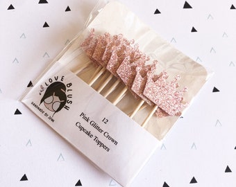 Juego de 12 adornos para cupcakes con purpurina y corona rosa para fiestas de princesas, despedidas de soltera, cumpleaños