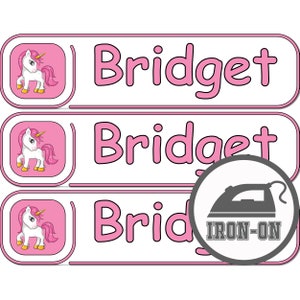 Customizable name and icon, iron-on labels. Multicolored, for clothing and other fabrics.