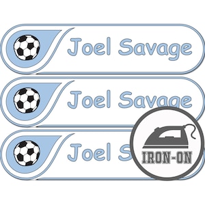 Customizable name and icon, iron-on labels. Multicolored, for clothing and other fabrics.