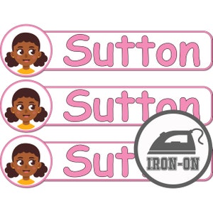 Customizable name and icon, iron-on labels. Multicolored, for clothing and other fabrics.