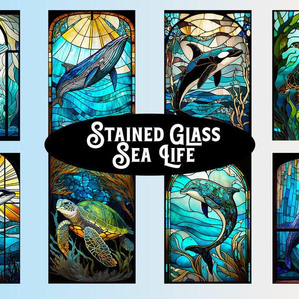 Faux Stained Glass Sea Life Window Art Instant Download Printable, AI Art, Digital Download JPEG