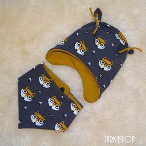 Baby Set Ear Hat & Reversible Scarf &quot;Fox&quot; mustard/grey