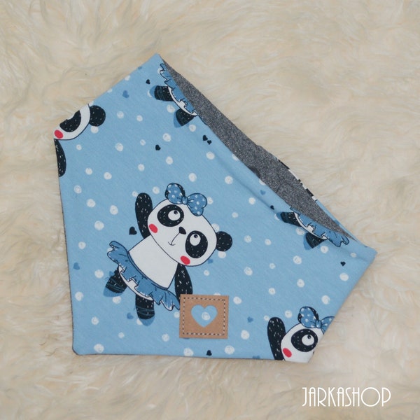Baby Reversible Scarf "Panda light blue-grey" Panda bear, young, triangular scarf, bib, spitting cloth, sabre bib, scarf with name