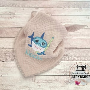Muslin triangular scarf &quot;Shark&quot; embroidered with name, Personalized, Scarf, Baby scarf, Muslin content cloth, Child, Baby
