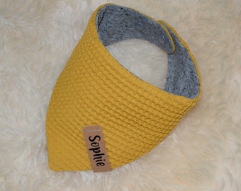 Baby reversible neckerchief "Wafflelpique"mustard, personalized, neck era, baby scarf, children's scarf, triangle scarf, neck era with name