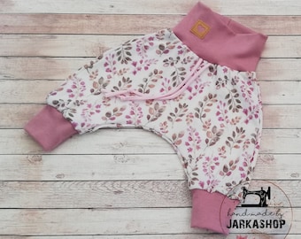 maat 44 - 86 Jersey broek "takjes wit-roze-beige", bloeiers, babybroekjes, kinderbroekjes, baby, kind, meegroeibroek, harembroek, jong, meisje