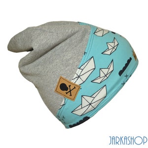 Long Beanie, Sweat Hat &quot;Paper Boat&quot; blue-grey, customizable with name, maritime, ship, personalization, children&#39;s hat, baby hat