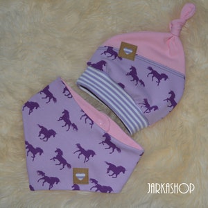 G. 35-37KU Baby Set Hat & Reversible Scarf &quot;Unicorn&quot; pink/purple, with name as desired