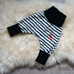 Size 62; Baby Pants &quot;Hipster Stripes, Anchor&quot; Maritim Black and White, Pants, Harem Pants, Kids Pants, Mitwachshose, Baby, Child