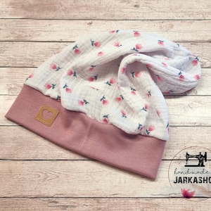 Light beanie short/long/extra long,&quot;Muslin Tulips&quot; cap with name,personalization,baby cap,cap,baby,child,baby cap, children&#39;s cap