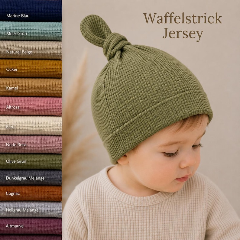 May include: An olive green waffle knit jersey beanie with a knotted top and a folded brim. The image displays a color palette of twelve fabric swatches including navy, teal, beige, ochre, camel, pink, cream, nude, olive, gray, cognac, and mauve.
