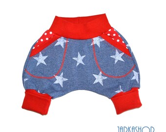 Size 50; Baby Pants Shorts "Stars, Dots blue/red" Sweat pants, children's pants, pump pants, harem pants