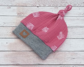 Size 35-37KU knotted hat muslin with cuffs,"feather old pink-grey", hat, baby hat, children's hat, muslin hat, summer hat