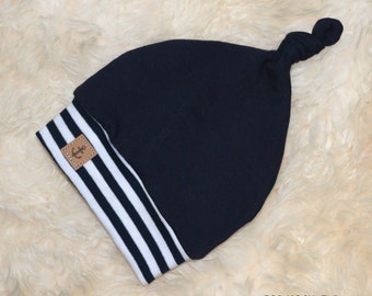 Knot hat with cuffs,"Maritim blue-white", with name, sweat fabric or jersey, navi, stripe, beanie, baby hat, children's hat