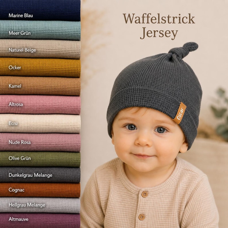 May include: A dark gray waffle knit beanie with a top knot and a small brown tag labeled Oscar. To the left, a vertical stack of fabric swatches in various colors including navy, teal, beige, ochre, camel, pink, ecru, mauve, olive, and gray.