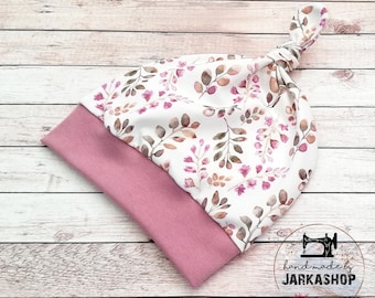 Knotted hat with cuffs, hat with name "Flowers old pink-white", hat, baby hat, children's hat, hat made of cotton jersey