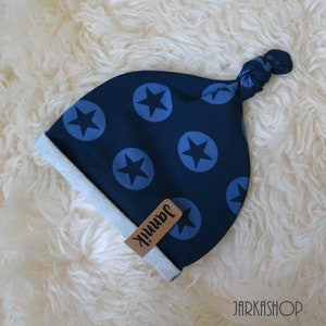Knotted hat sweat fabric, French terry, &quot;Circle Star Blue-Jeans Blue&quot; with name, personalization, baby hat, hat, children&#39;s hat