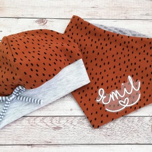 Baby set hat & scarf &quot;dots light brown-grey&quot; with name, organic sweat fabric, waffle pique, hat with cuffs, hat, baby hat, baby scarf