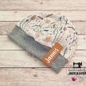 Light beanie short/long/extra long,&quot;Muslin Flowers&quot; cap with name,personalization,baby cap,cap,baby,child,baby cap, children&#39;s cap