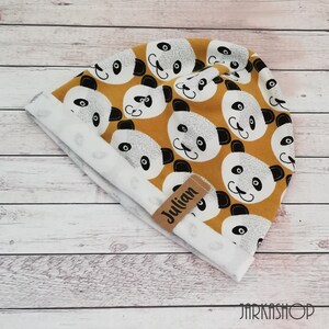 Size 50-52 KU winter hat for baby and children with name, winter sweat beanie &quot;Panda Bear Mustard-Black-White&quot; baby hat, hat, children&#39;s hat