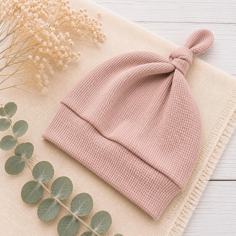 May include: A dusty rose colored baby hat made of a textured waffle knit fabric. The hat features a folded brim and a knotted top detail, creating a soft and simple design. The material has a distinct grid-like pattern throughout the entire piece.