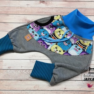 size 104 sweat-baggy-pants &quot;cat-turquoise-grey&quot;, baby pants, children&#39;s pants, sweatpants, pants with pockets, pants that grow with the child, bloomers, harem pants