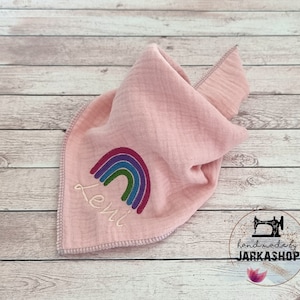 Muslin triangular scarf &quot;Rainbow nuderosa&quot; embroidered with name, Personalized, Scarf, Baby scarf, Muslin scarf, Child, Baby