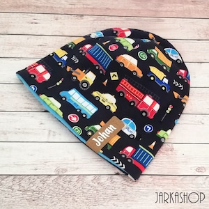 Size 48 Long reversible beanie &quot;Cars blue-colored&quot; hat with name, personalization, baby hat, hat, children&#39;s hat, winter hat