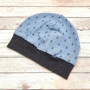 Size 47-49 KU Light Beanie,&quot;Muslin blue with anchor&quot; Hat with name,Personalization,Baby hat,Hat,Baby,Child,Baby hat,Children&#39;s hat