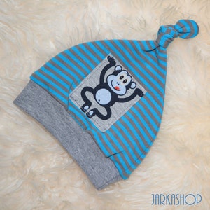Buy now, baby hat KU32-34 cm &quot;Monkey, Little Monkey&quot; grey-turquoise knotted hat, hat with cuffs, baby hat, boys