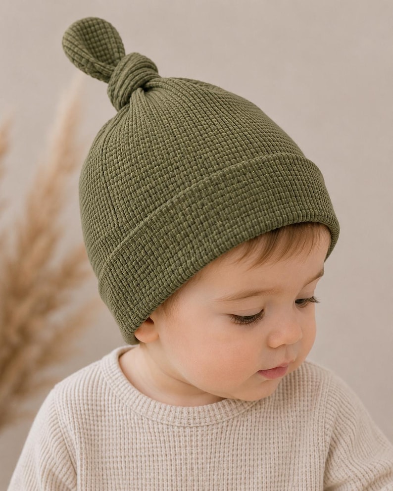 May include: An olive green waffle-knit beanie with a knotted top detail and a folded brim. The hat features a textured grid pattern throughout the fabric, providing a structured look while maintaining a soft appearance for the head covering.