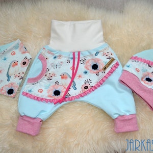 Size 62; 2 tlg. Baby set &quot;birds&quot; mint/pink sweat baggy pants and knot hat