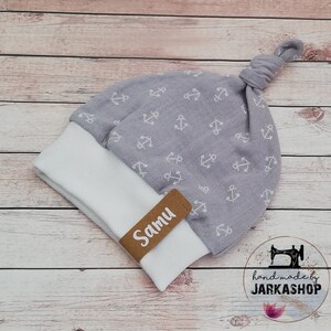 Knotted hat made of muslin with cuffs as desired with the name &quot;Anchor light grey&quot;, baby hat, children&#39;s hat, summer hat, maritime, muslin hat