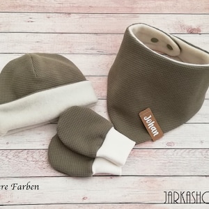 Invierno bebé set gorro, bufanda de cuello, Mittentlinge &quot;Waffle punto Jersey oliva&quot; después de deseo con nombre, personalización, sombrero de bebé, gorra, sombrero de los niños