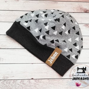 Size 50-52KU Beanie after wish with name, piece of nettle, sweat hat, hat with cuffs, winter hat &quot;Triangles&quot; grey/black