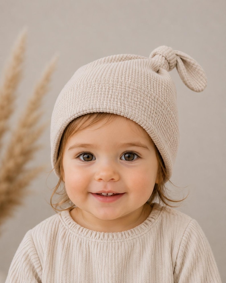 May include: A beige waffle-knit beanie with a knotted top detail. The hat features a textured grid pattern and a folded brim, crafted from a soft fabric. The design includes a small knot at the crown, providing a simple and functional head covering.