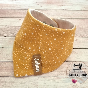 Baby reversible scarf made of waffle/muslin &quot;mustard yellow dots&quot;, Personalized, Scarf, Baby scarf, Scarf with name