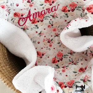 Baby blanket with name &quot;roses&quot; cotton with teddy fabric, crawling blanket, cuddly blanket, stroller blanket, changing mat for on the go